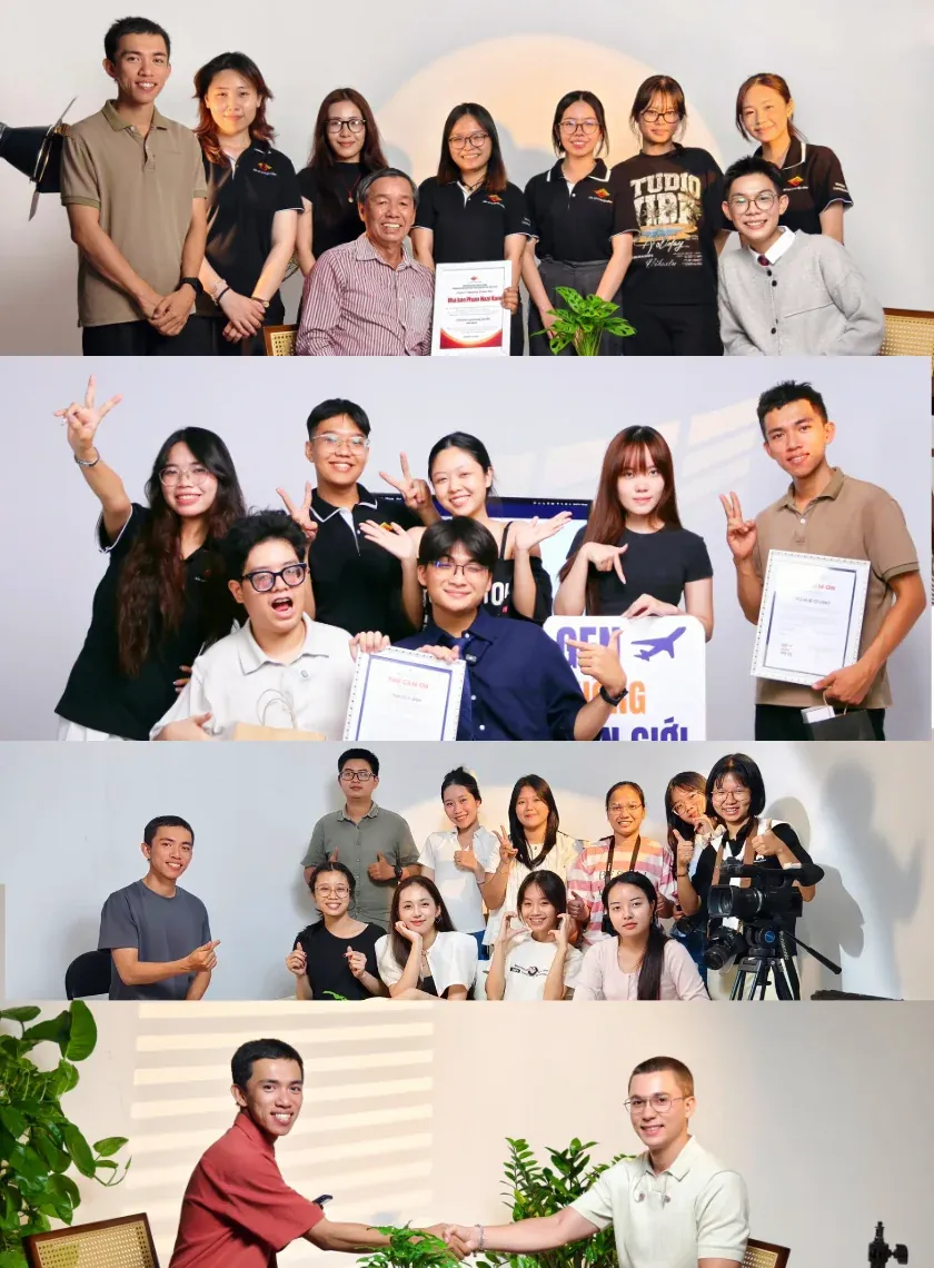 Ekip khách hàng check-in cùng Vũ Huệ Studio sau khi thuê studio podcast Thủ Đức