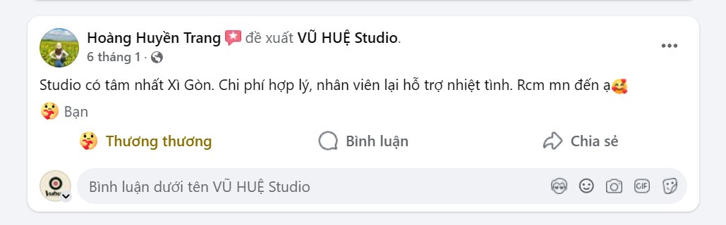 Khách Hoàng Huyền Trang đánh giá VuHue Studio 5 sao trên Facebook tháng 1/2026: studio có tâm nhất Sài Gòn, chi phí hợp lý, nhân viên hỗ trợ nhiệt tình