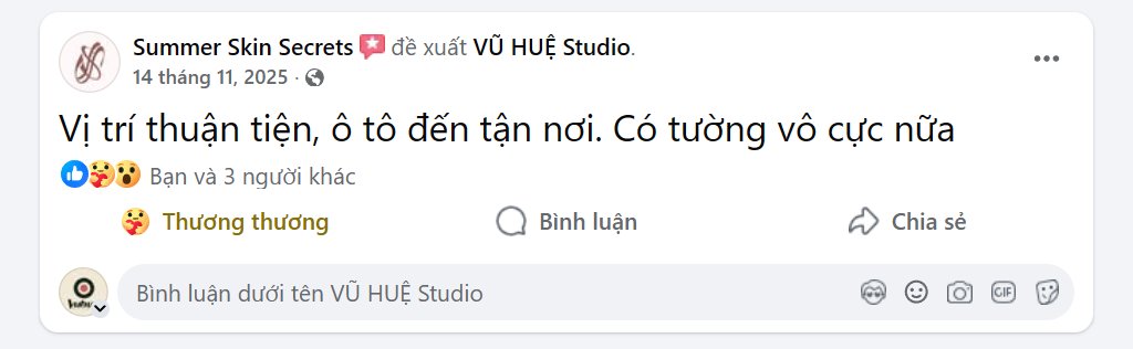 Khách Summer Skin Secrets đánh giá VuHue Studio 5 sao trên Facebook tháng 11/2025: vị trí thuận tiện, ô tô đến tận nơi, có tường vô cực cyclorama