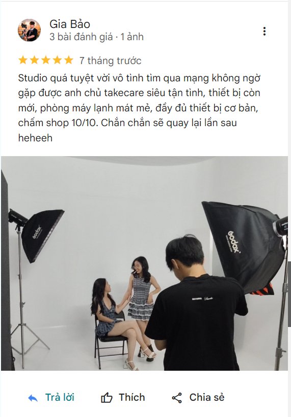 Khách Gia Bảo đánh giá VuHue Studio 5 sao trên Google Maps tháng 10/2025: anh chủ takecare tận tình, thiết bị mới, phòng máy lạnh, chấm 10 trên 10