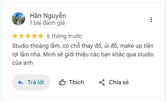 Khách Hân Nguyễn đánh giá VuHue Studio 5 sao trên Google Maps tháng 11/2025: studio thoáng, có chỗ thay đồ, ủi đồ, make up tiện lợi