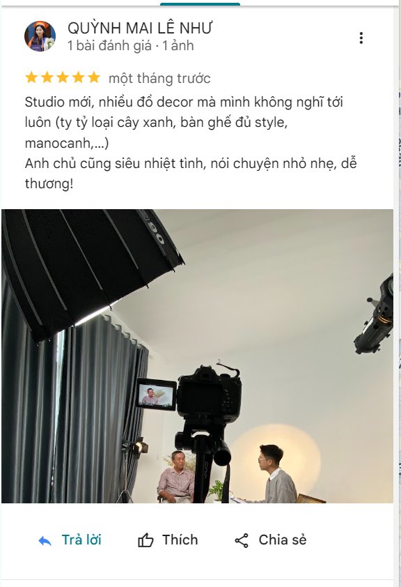Khách Quỳnh Mai Lê Như đánh giá VuHue Studio 5 sao trên Google Maps tháng 4/2026: studio mới nhiều đồ decor, cây xanh, bàn ghế đủ style, anh chủ siêu nhiệt tình