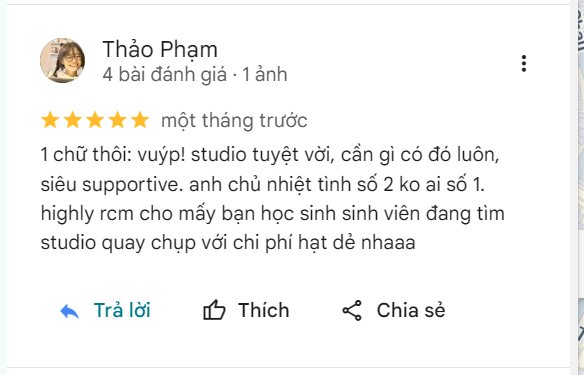 Khách Thảo Phạm đánh giá VuHue Studio 5 sao trên Google Maps tháng 4/2026: studio tuyệt vời, siêu supportive, recommend cho học sinh sinh viên với chi phí hạt dẻ